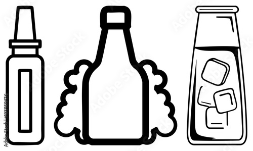 Vector art of spray bottle, beer bottle with foam, and tall glass with ice cubes, minimalist style, drink packaging, beverage, isolated graphics.