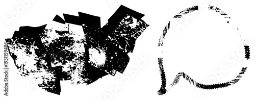 Bold black fragmented forms with distressed halftone textures, graphic design elements, isolated vector art, modern abstract composition, stylized shapes.