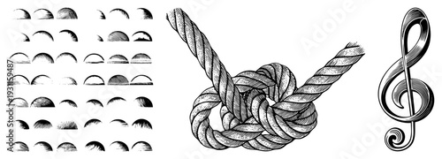 Black and white vector illustrations featuring halftone, intricate rope knot, and treble clef. Classic engraving style, isolated elements, graphic design assets.