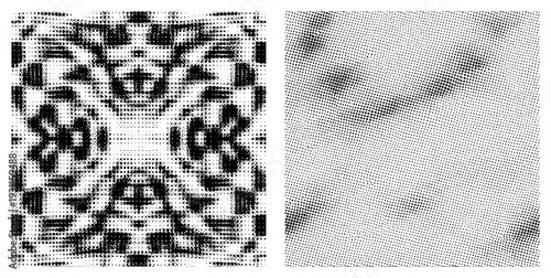 Black and white halftone grids forming abstract shapes, dot matrix texture, graphic design element, vector illustration, print art effect.