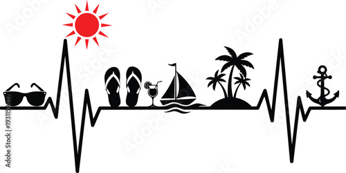 Heartbeat line with beach vacation icons and red sun