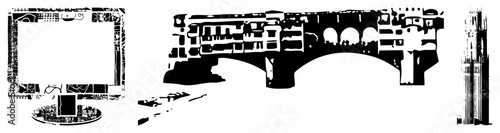 Abstracted bridge with and buildings, urban graphic, architectural vector art, cityscape silhouette, black and white design.