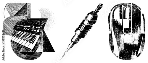 Digital tools rendered in halftone vector art keyboard, stylus, mouse. Geometric shapes, tech, design, modern interface elements.