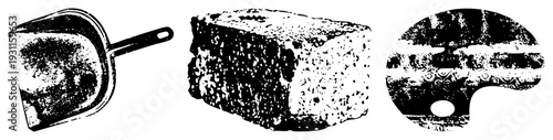 Black and white vector illustration of a dustpan, brick, and ornate palette, rendered with halftone texture, isolated foreground elements, graphic design assets.