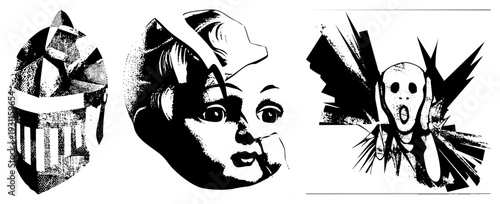 Stylized helmet with grid, expressive face in half tone, screaming ghost with explosive all vector art,, graphic design elements.