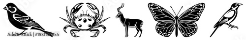 Bird, crab, antelope, butterfly, sparrow stylized animal, wildlife graphics, nature symbols, vector, silhouette art.