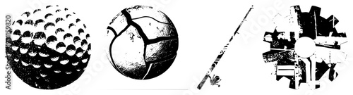 Classic sports equipment rendered in gritty halftone style dimpled golf ball, cracked volleyball, hockey stick with puck, industrial gear wheel vector for athletic themes.