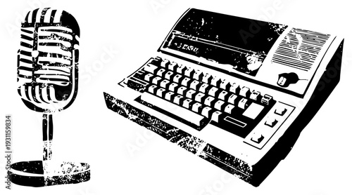 Classic studio microphone and old school computer keyboard, retro tech gear, analog equipment, digital interface, vector art, nostalgic tech.