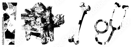 Halftone rendered medical including bones, stethoscope, and anatomical shapes, vector graphic, black and white, medical illustration, isolated symbols, clinical design.