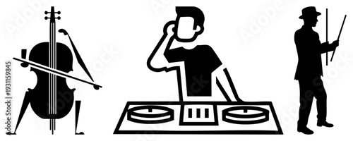 Black silhouette of a cello player, DJ with turntables, and drummer in hat, minimalist vector art for music themes, stage performance, or studio use.