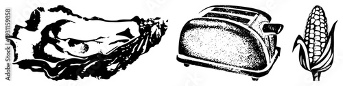Oyster with rough texture, retro toaster with slots, corn cob with husk, all rendered in bold halftone dots. Black and white vector art, isolated elements for design.