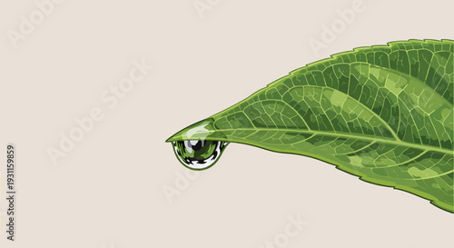 Vivid green leaf illustration adorned with a crystal-clear water droplet at its very tip, beautifully reflecting the surrounding natural world and symbolizing purity