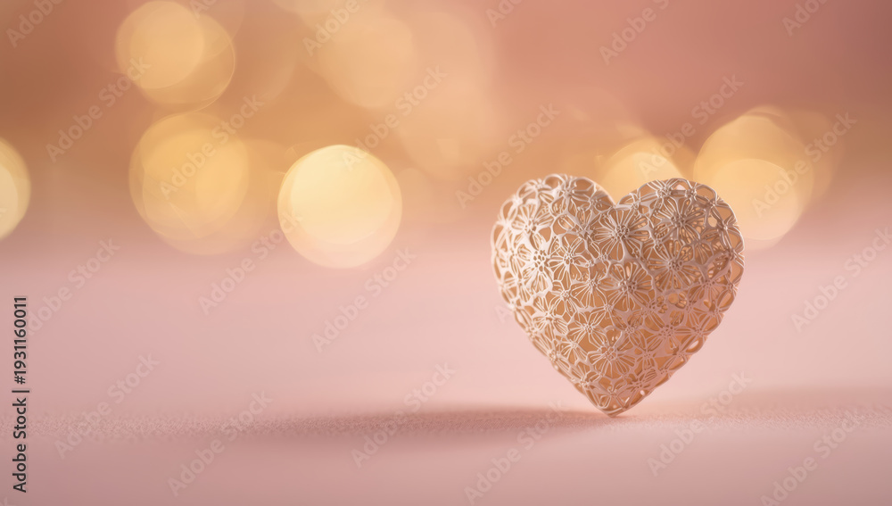 Fototapeta premium Delicate filigree heart ornament on soft pink surface with warm bokeh lights