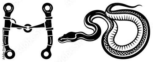Stylized snake coiled with checkered and bridle letter H, glyph art, vector, isolated graphic, symbolic design, equine and reptile motif.