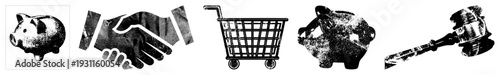halftone piggy bank for savings, handshake for deals, shopping cart for commerce, gavel for auctions. Classic financial symbols, vector art, isolated graphics.