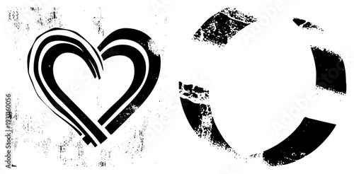 Bold black heart with distressed texture, circular segmented shape, graphic design elements, urban stencil style, vector art.