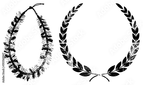 Black and white vector wreaths, laurel crown and willow garland, classic victory symbols, ceremonial decor, graphic design.
