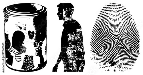 Walking human silhouette beside glass jar containing child, fingerprint swirl, vector illustration, isolated elements, halftone texture, conceptual art.