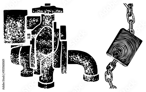 Black and white vector graphic of valve mechanism and wooden block suspended by chain, halftone texture, mechanical design, industrial equipment, isolated foreground.