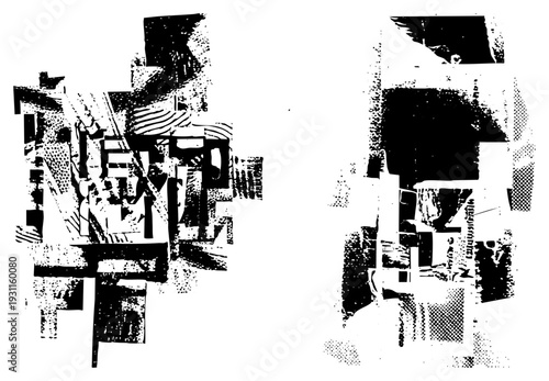 Fragmented graphic art with bold shapes, halftone, and high contrast textures, stylized digital illustration, vector abstraction, graphic design element.