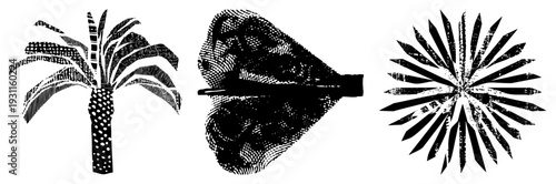 Retro halftone palm tree, dartboard target, radial sunburst, vector art, graphic design elements, stylized, isolated silhouettes, textured.