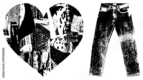 Black and white halftone heart containing city, paired with full length jeans, urban fashion graphic, vector art, streetwear design.