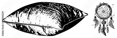 Hand drawn pillow with textured fabric, dreamcatcher with feathers and beads, black ink illustration, rustic tribal decor, boho home accents, vector art.