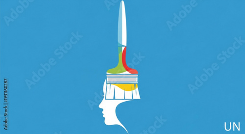 Creative thinking concept with paintbrush replacing human head on blue background