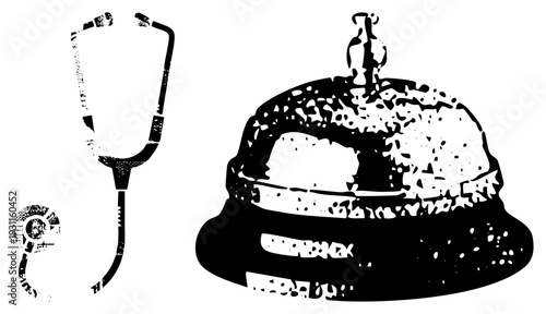 Black and white vector of stethoscope and service bell, healthcare and hospitality symbols, distressed texture, halftone style, isolated foreground elements.