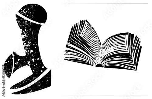 Open book with textured pages and inkwell graphic, literary symbols, study tools, academic, vector art.