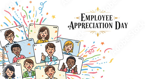 Illustration of diverse employees celebrating Employee Appreciation Day with colorful confetti and Polaroid photos in a lively, festive design.