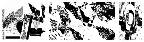Fragmented black and white abstract composition, halftone textures, geometric, graphic design elements, vector art with bold contrast and isolated forms.