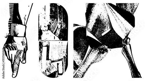 Black and white vector art of fragmented human body and urban landscape, halftone texture, graphic design elements, isolated cutout illustration.