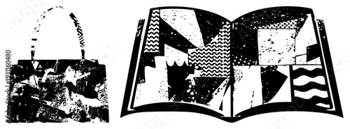 Stylish handbag with geometric straps and abstract open book with bold, black and white vector art, graphic design elements, modern art style.