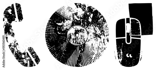 Classic communication devices rendered in distressed halftone, retro tech symbols, analog digital transition, vector art, digital nostalgia.