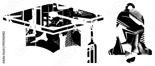 Black and white vector graphic of mortarboard and school bell, graduation symbols, academic celebration, educational milestone, student success.