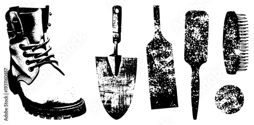 Black and white halftone illustrations of rugged boot, garden shovel, trowel, putty knife, hairbrush, and circular detail classic graphic tools with distressed texture.