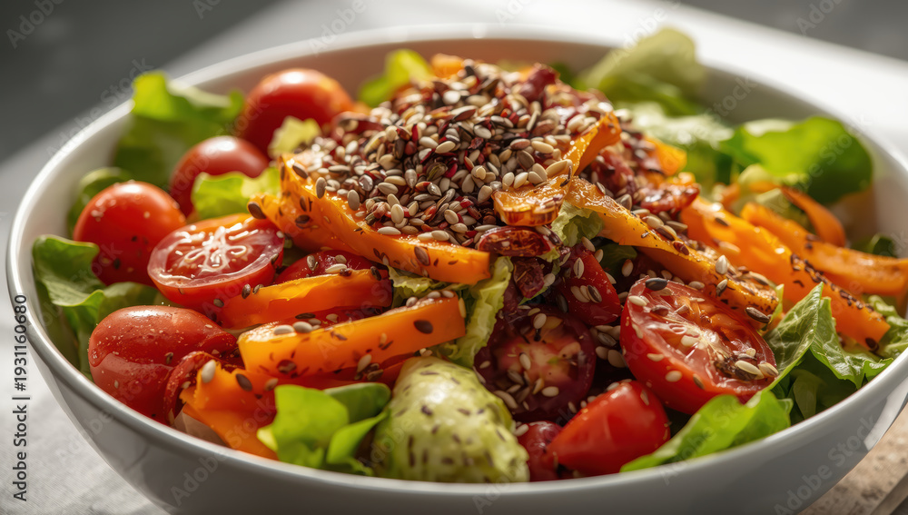 Fototapeta premium Fresh mixed salad with cherry tomato, bell pepper, lettuce and mixed seed topping