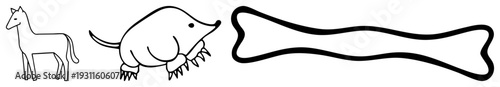 Simple black art of horse, armadillo, and bone, isolated vector, minimalist style, educational or game asset.