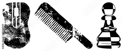Distressed vector acoustic guitar, hair comb, chess pawn stylized with grainy texture, ideal for retro design projects.