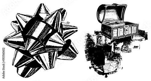 Black and white vector art of a voluminous gift bow and ornate open trunk, classic engraving style, isolated elements for design use.