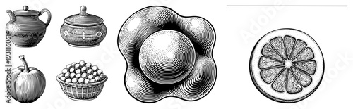 Antique style kitchenware and produce rendered in halftone, vintage engraving style, food illustration, rustic tableware, dotted shading, retro culinary art.