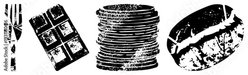 Rustic black and white vector featuring fork, knife, chocolate bar, bread stack, coffee bean. Grunge texture, high contrast, isolated elements for design.