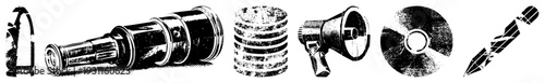 Bullet, telescope, data stack, megaphone, CD, missile classic tech and warfare symbols in gritty halftone style, vector.