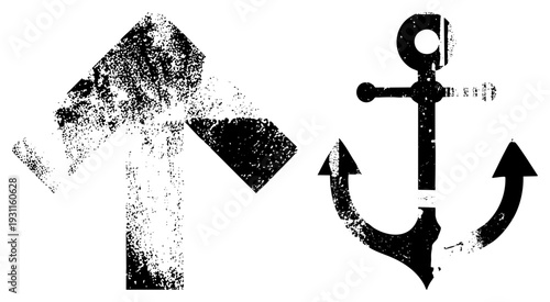 Weathered black arrow pointing up with speckled texture, nautical anchor with distressed finish, graphic symbols, vintage maritime motif, vector art elements.