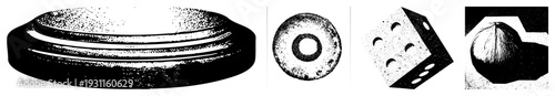 Four halftone rendered vector objects circular disc, ring, die, and coconut, rendered in black and white with dot, isolated on transparent background.