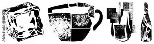 Black and white halftone vector illustrations of ice, coffee mug, cocktail shaker, and bottle stylized with fragmented shapes and textured shading.