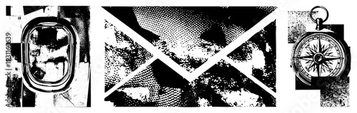 Retro travel symbols including airplane porthole, mail envelope, and compass rose, rendered in halftone, ideal for vintage design, wanderlust themes, or graphic branding.