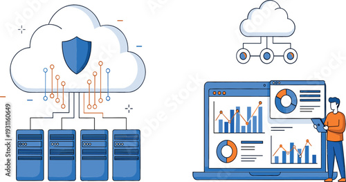 Cloud computing data security and server network infrastructure vector illustration with business analytics dashboard on laptop and professional character monitoring information.