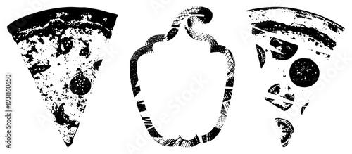 Stylized food with halftone textures, pizza slice with toppings, bell pepper, tomato wedges, vector graphic, isolated elements, food illustration.